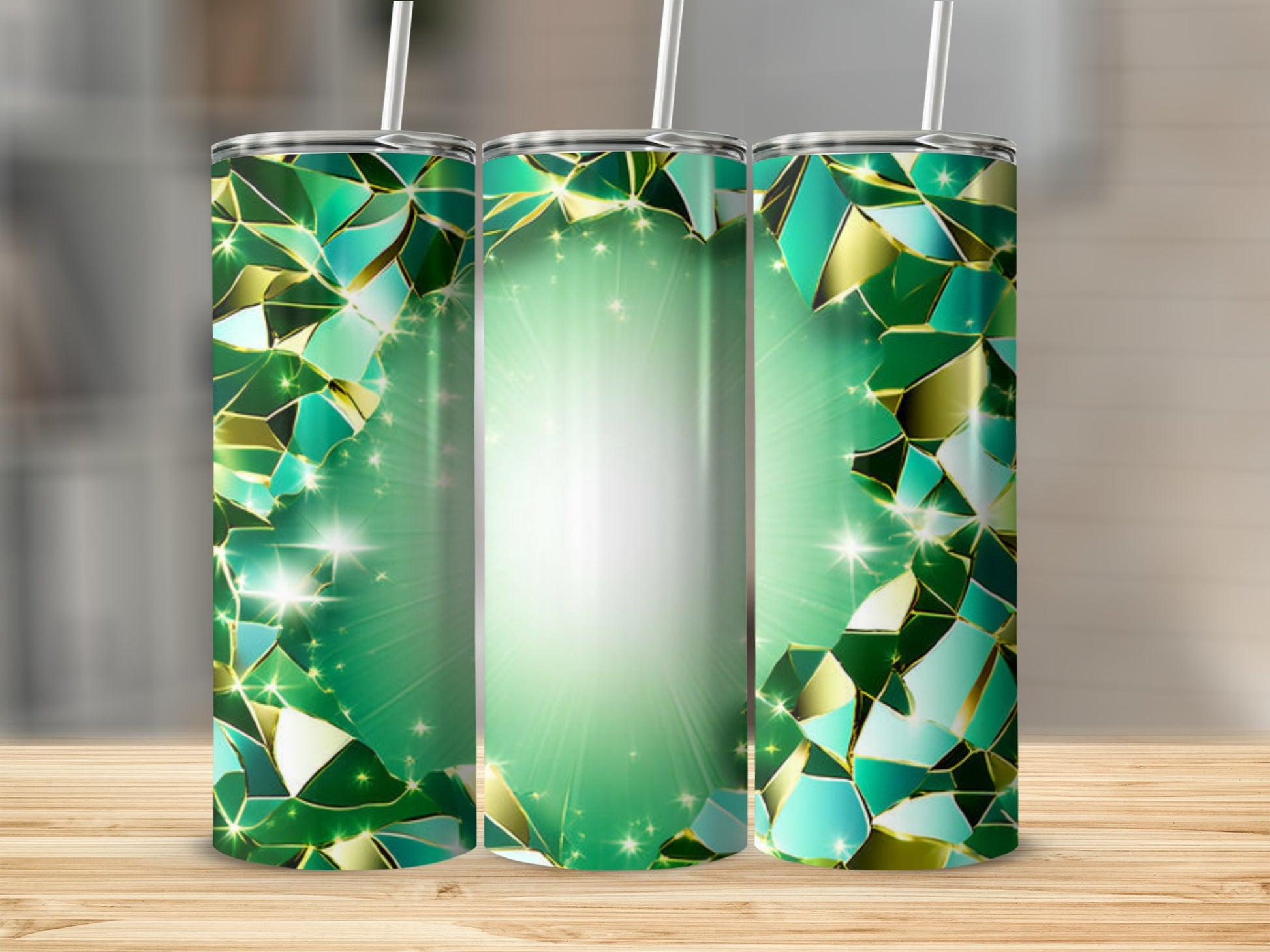 Green mosaic pattern tumbler with straw on wooden surface.