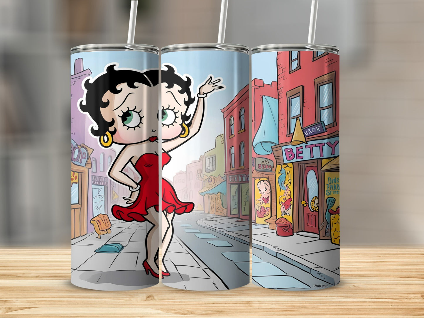 Betty Boop in red dress on colorful street with "Betty" sign.