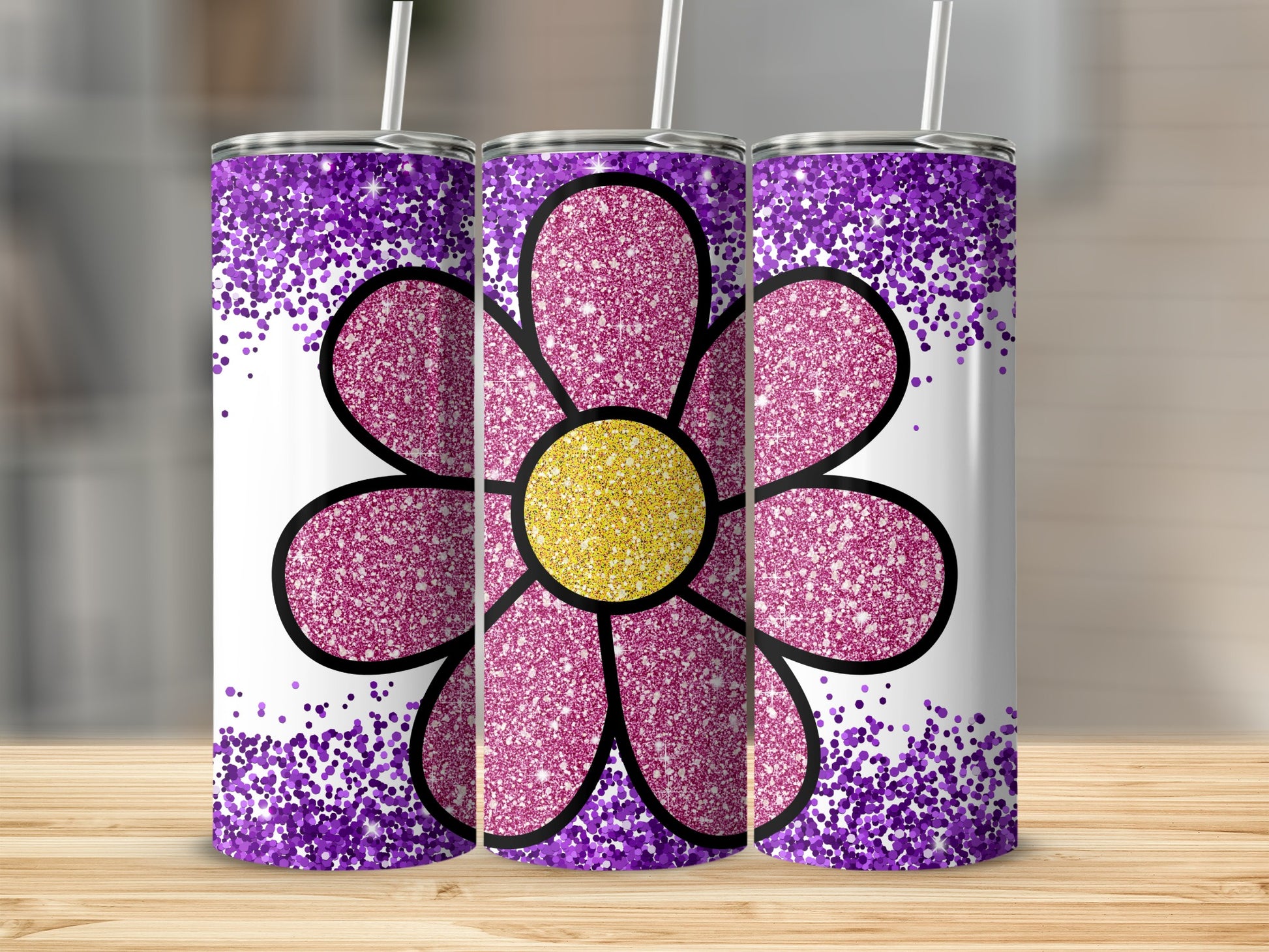 Glitter Pink Purple Flower Design Tumbler