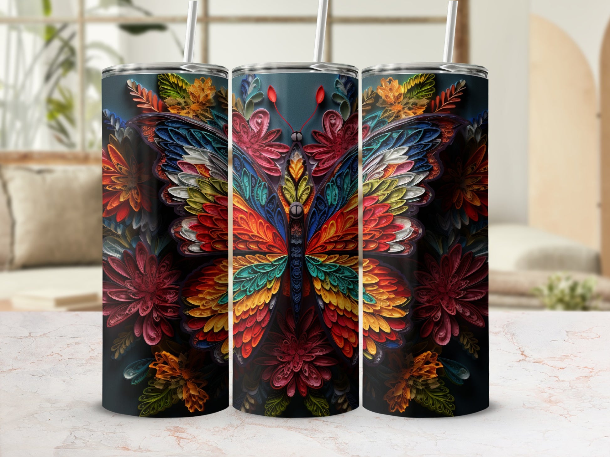 Triptych of dark tumblers adorned with a colorful, intricate butterfly and floral design.