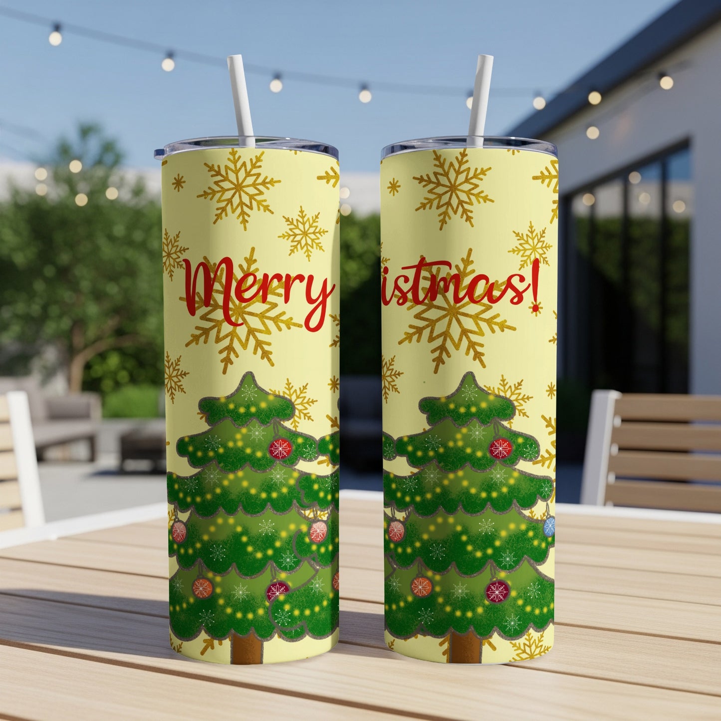 Yellow tumbler with Christmas tree and snowflakes, "Merry Christmas!" text.