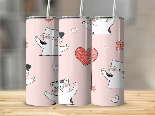 Cute Cat and Heart Patterned Tumbler