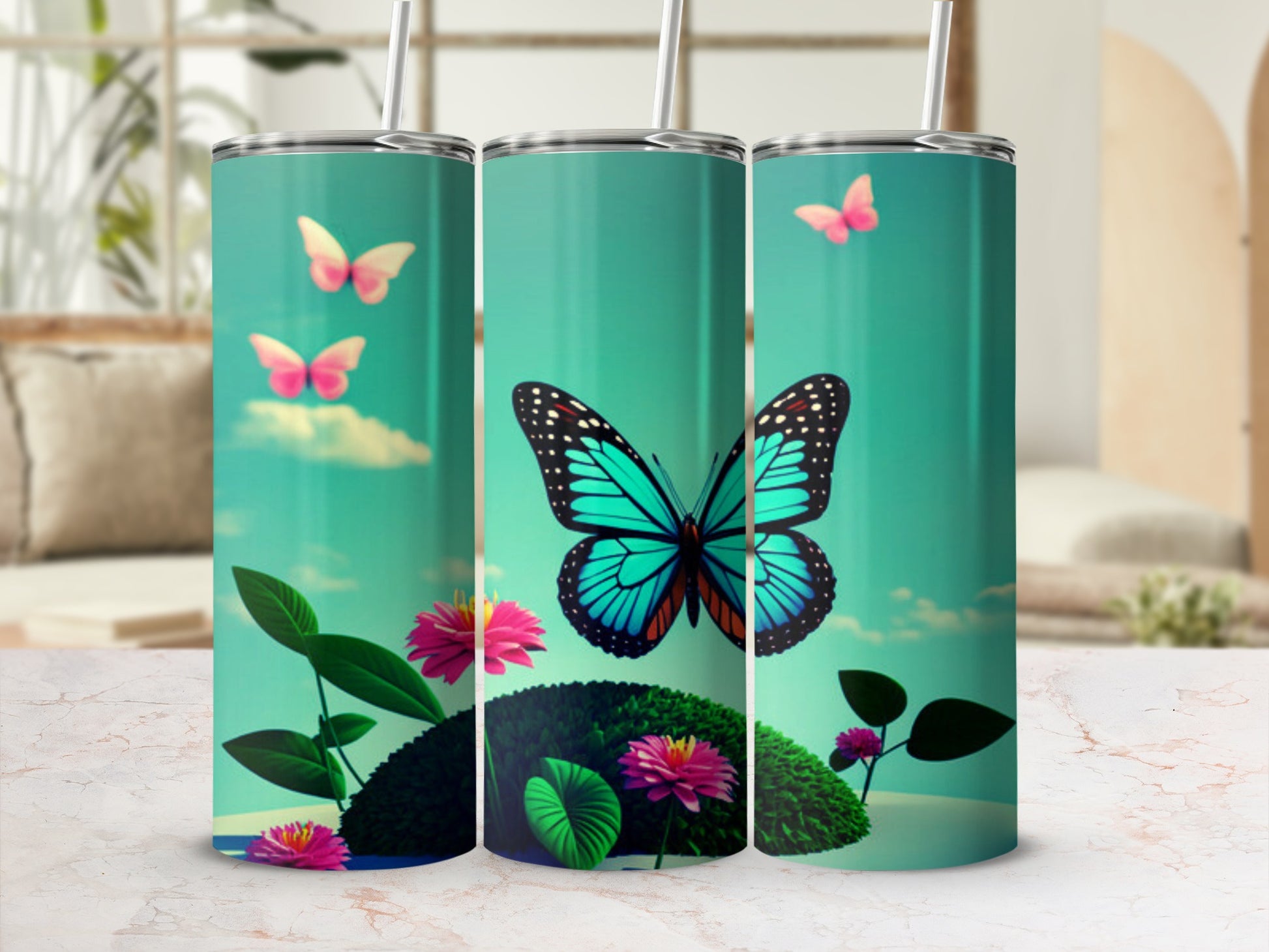 Turquoise tumbler with butterflies and pink flowers on a scenic background.