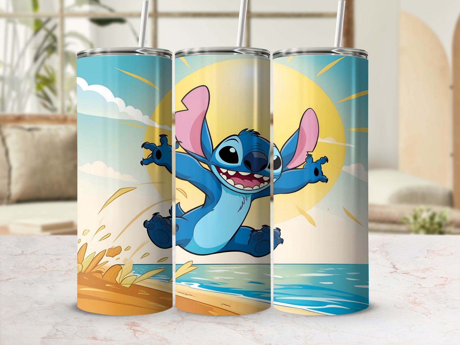 Stitch leaping with joy on a beach with a bright sun.