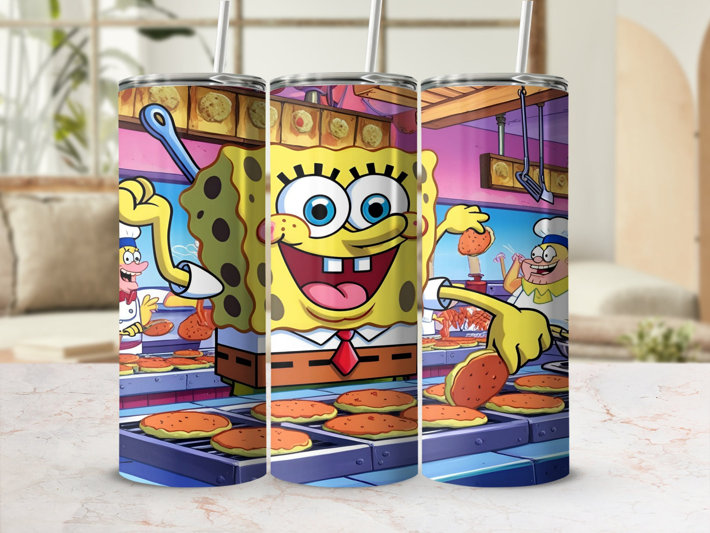 SpongeBob SquarePants cooking pancakes in a kitchen.
