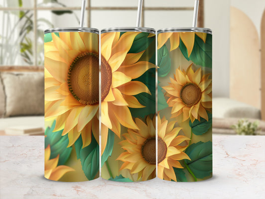 Three tumblers featuring large, yellow sunflowers and green leaves.