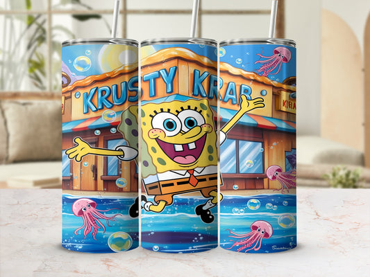 SpongeBob SquarePants with Krusty Krab in background and pink jellyfish.