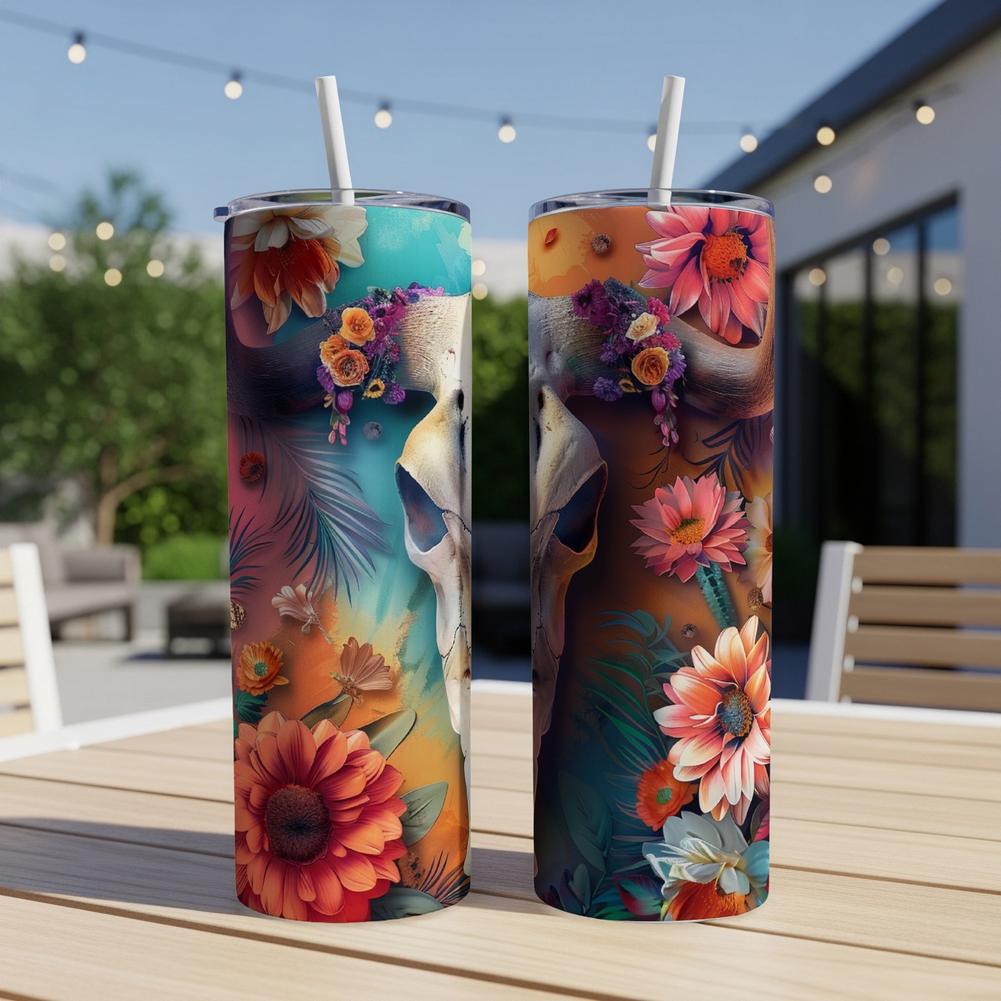 Two tumblers with floral skull designs and straws on a wooden table.