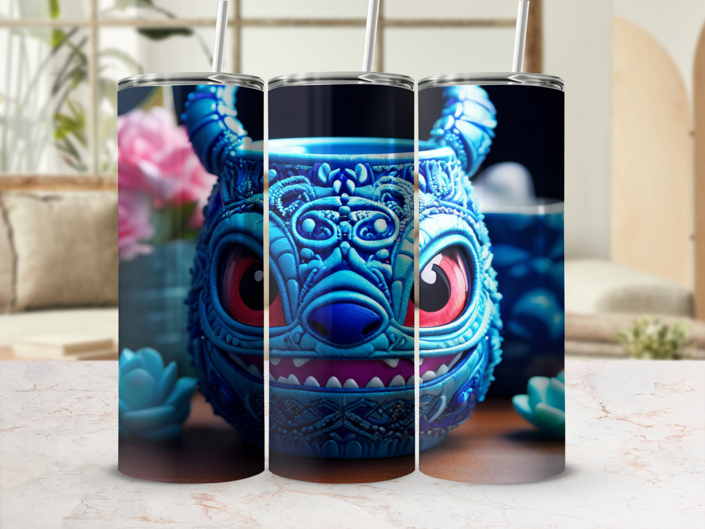 Blue creature tumbler with red eyes and textured body.