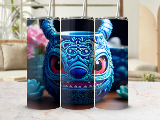 Blue creature tumbler with red eyes and textured body.