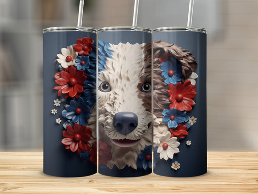 Three tumblers featuring a dog's face surrounded by red and blue flowers.
