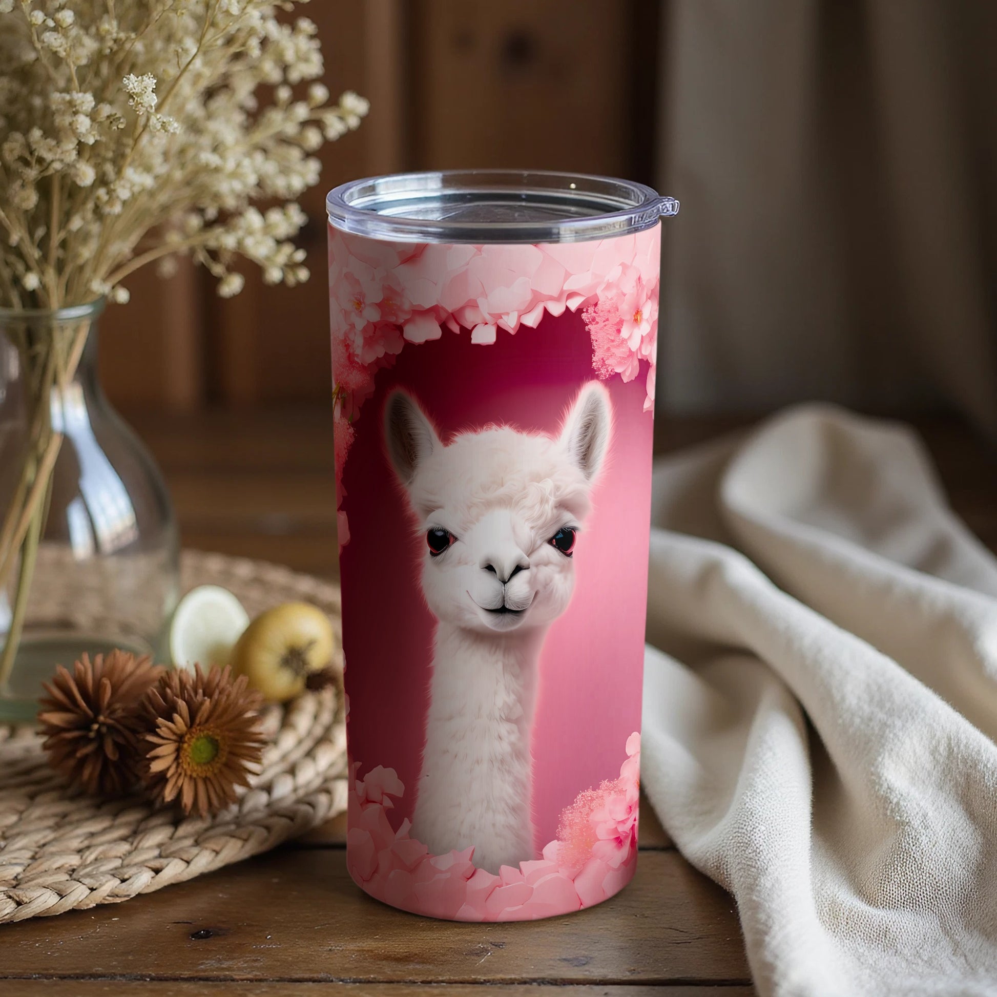Adorable White Llama Pink Floral Tumbler product type
Llama, Alpaca, Tumbler, Pink, Floral, Cute, Animal, Drinkware, Beverage, Gift, Women, Girls, Design, Illustration, Adorable, Cherry Blossom, Spring, Kawaii, Aesthetic, Pretty
