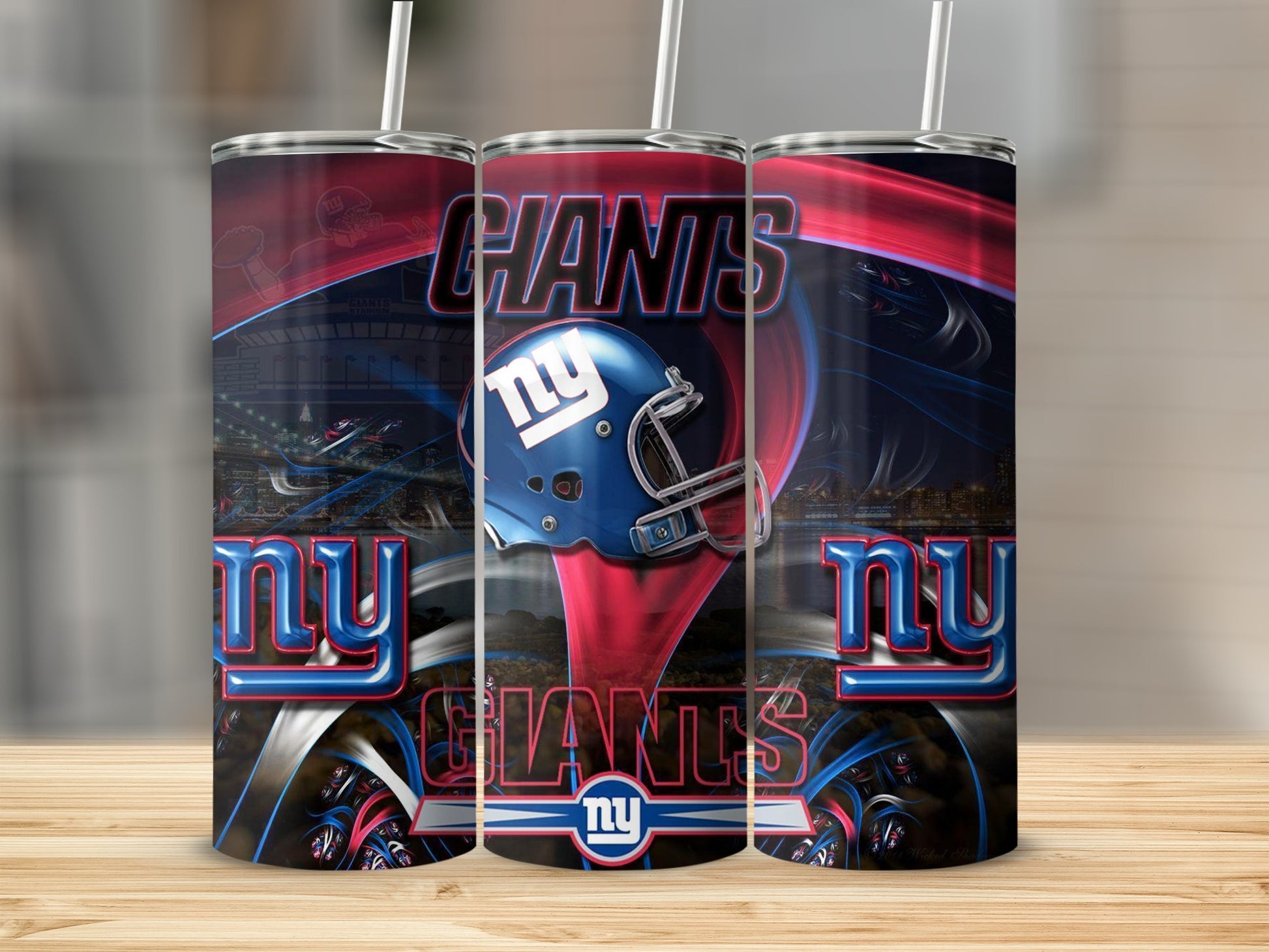 New York Giants "Giants" and "NY" logo tumbled cup with football helmet graphic.