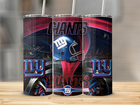 New York Giants "Giants" and "NY" logo tumbled cup with football helmet graphic.