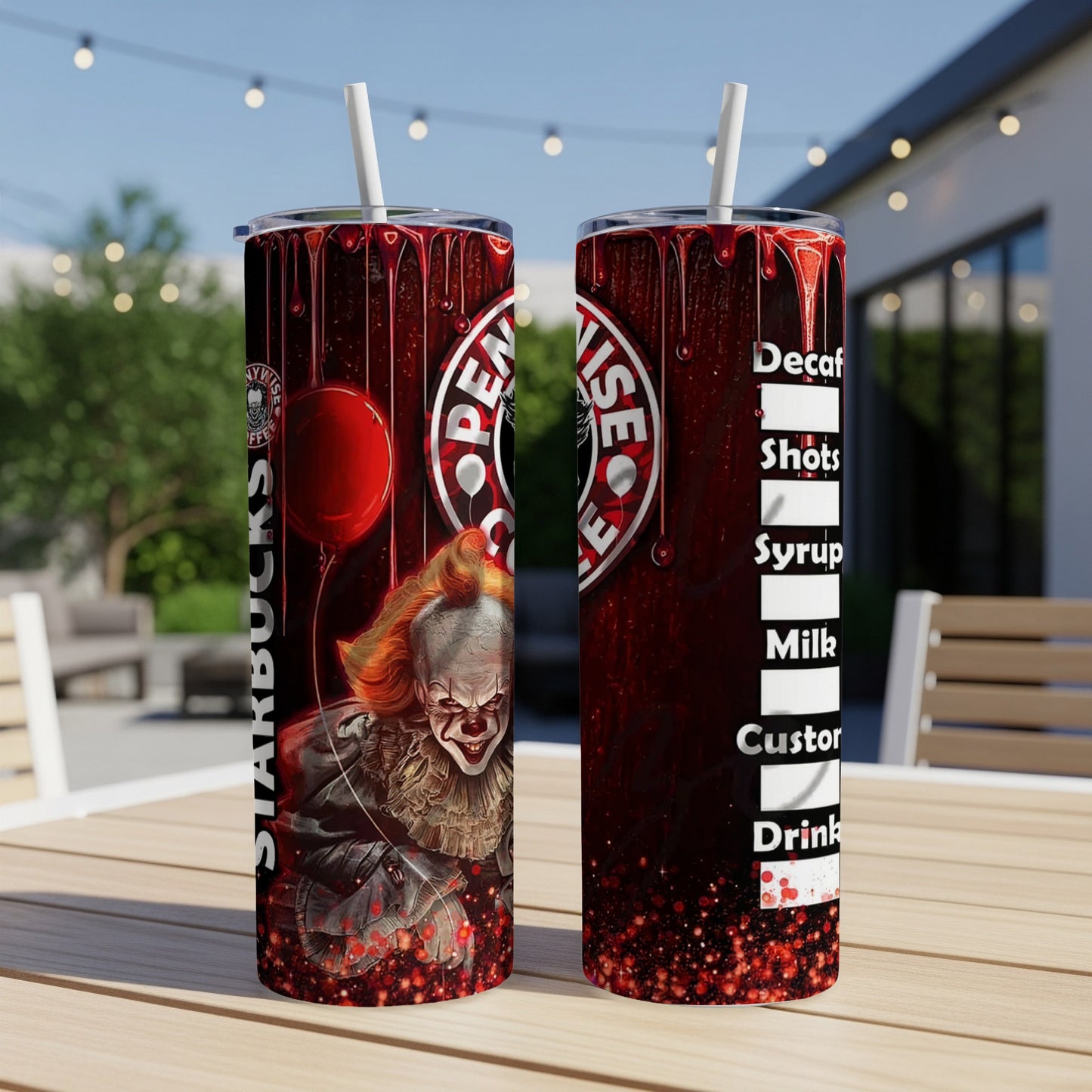 Two tumblers with a horror clown and coffee drink menu on a table.