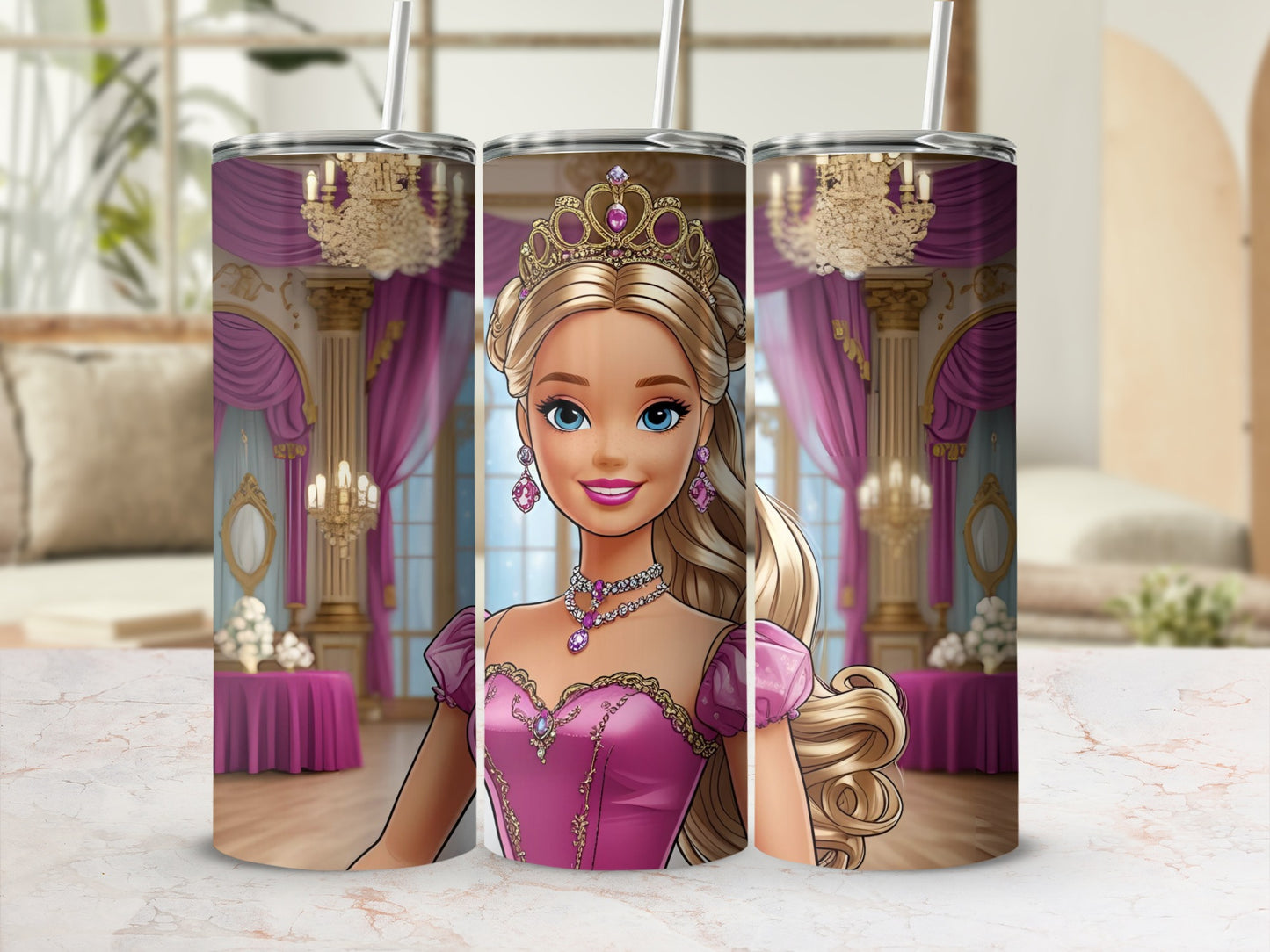 Barbie in a pink gown with a tiara and necklace, in a ballroom setting.