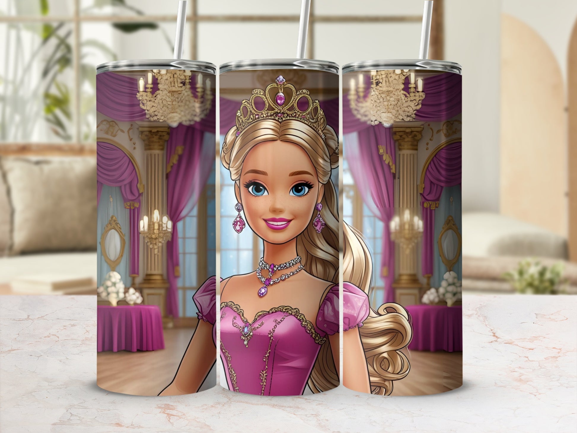 Barbie in a pink gown with a tiara and necklace, in a ballroom setting.