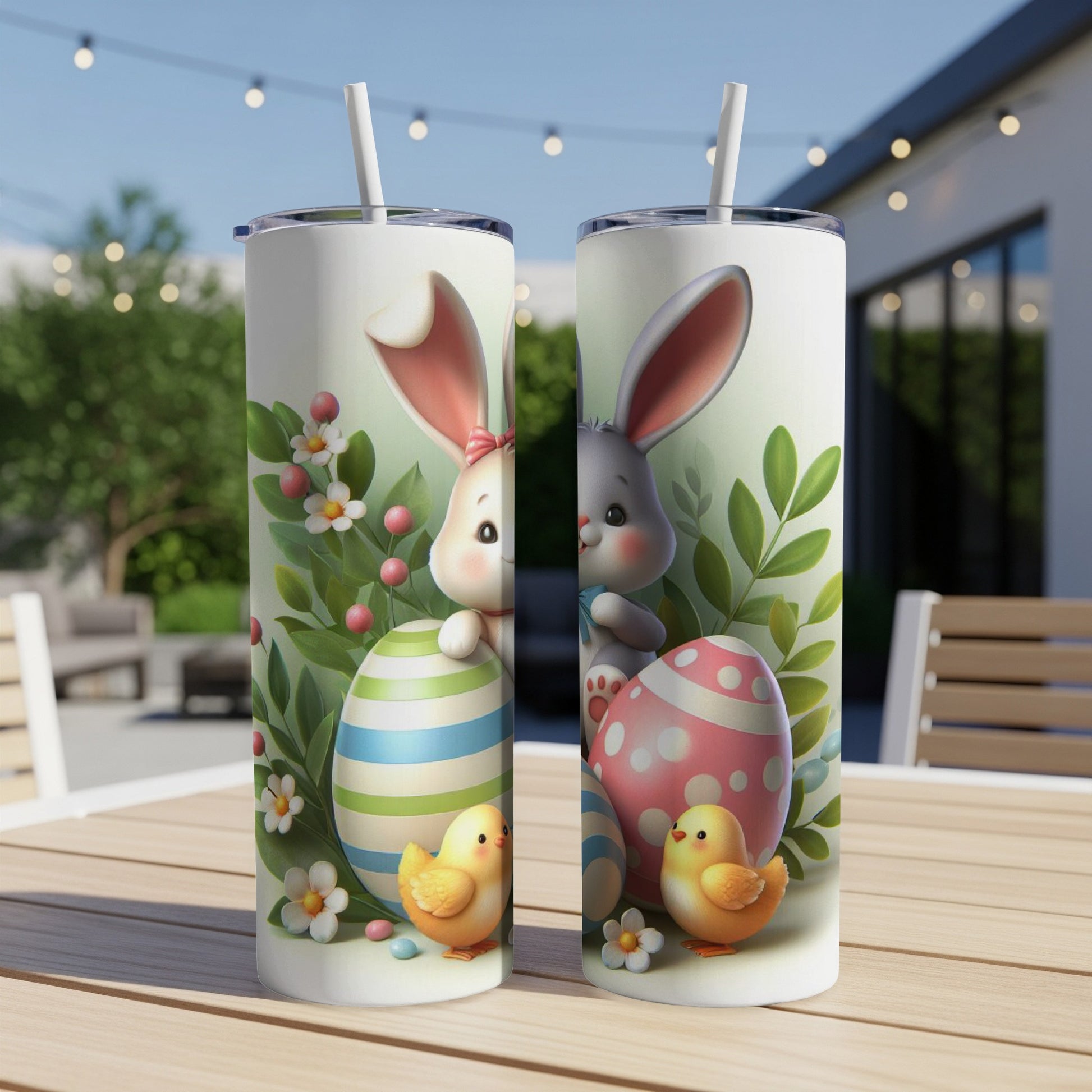 Easter bunnies and chicks with colorful eggs and floral accents.