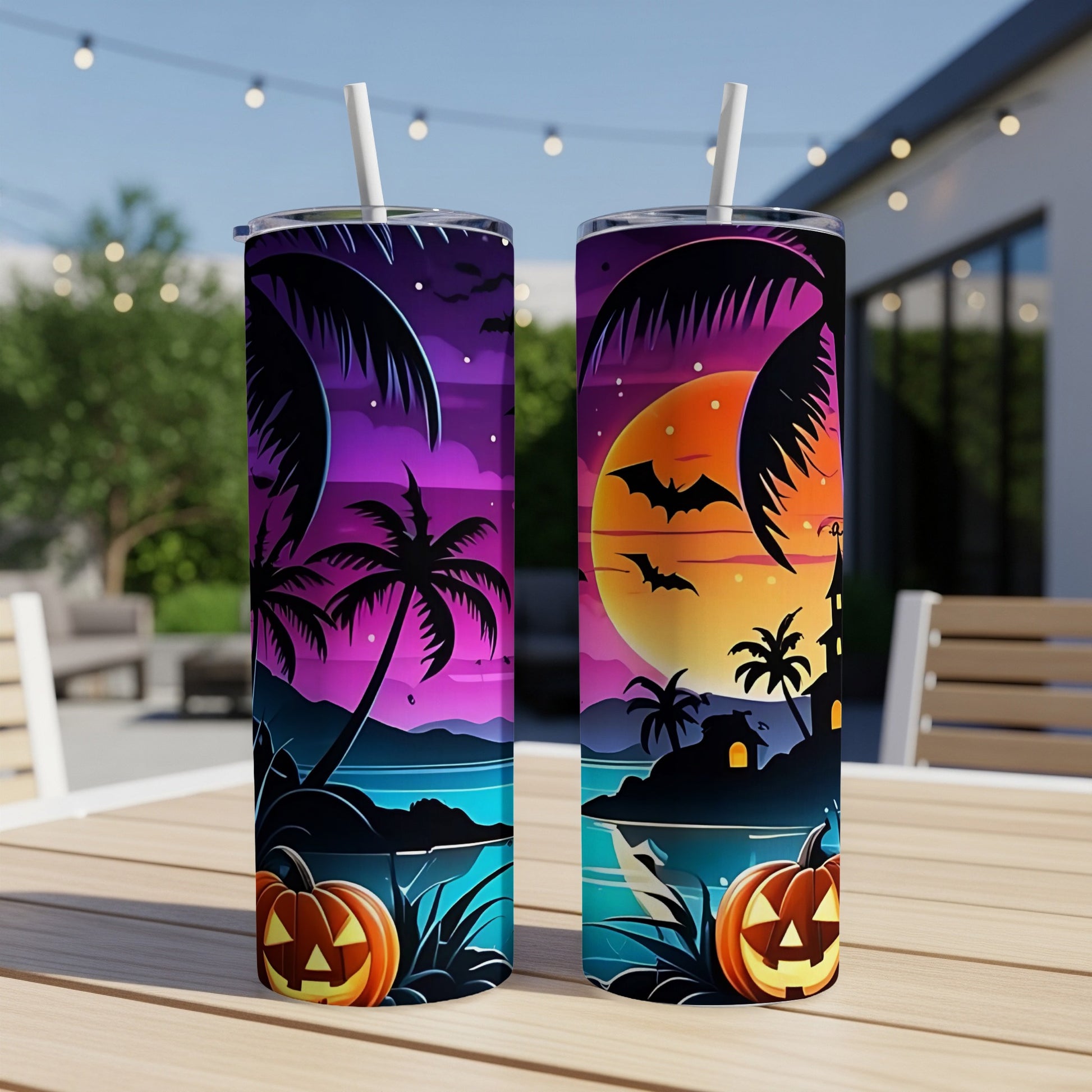 Two Halloween-themed tumblers with palm trees, pumpkins, bats, and a tropical sunset design.