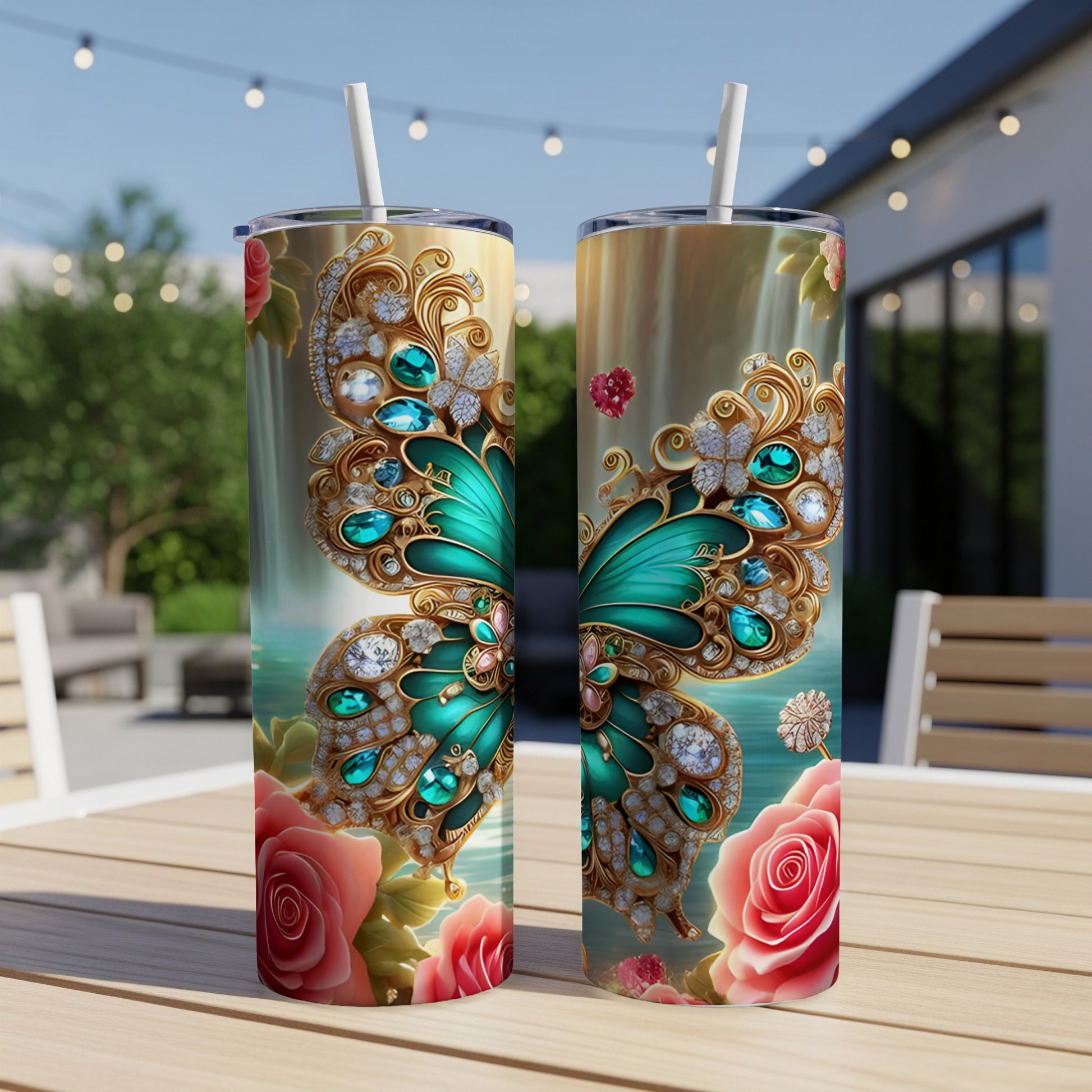 Two tumblers with teal butterfly design and pink roses, set on a table.