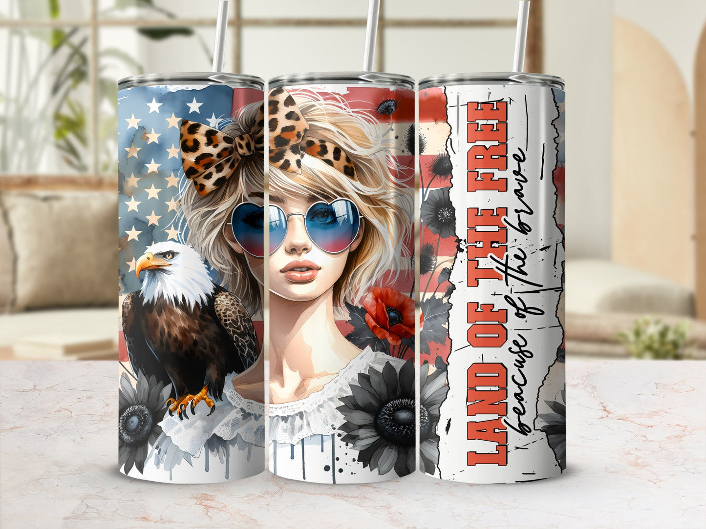 Woman with American flag, eagle, and flowers, "Land of the Free" text.