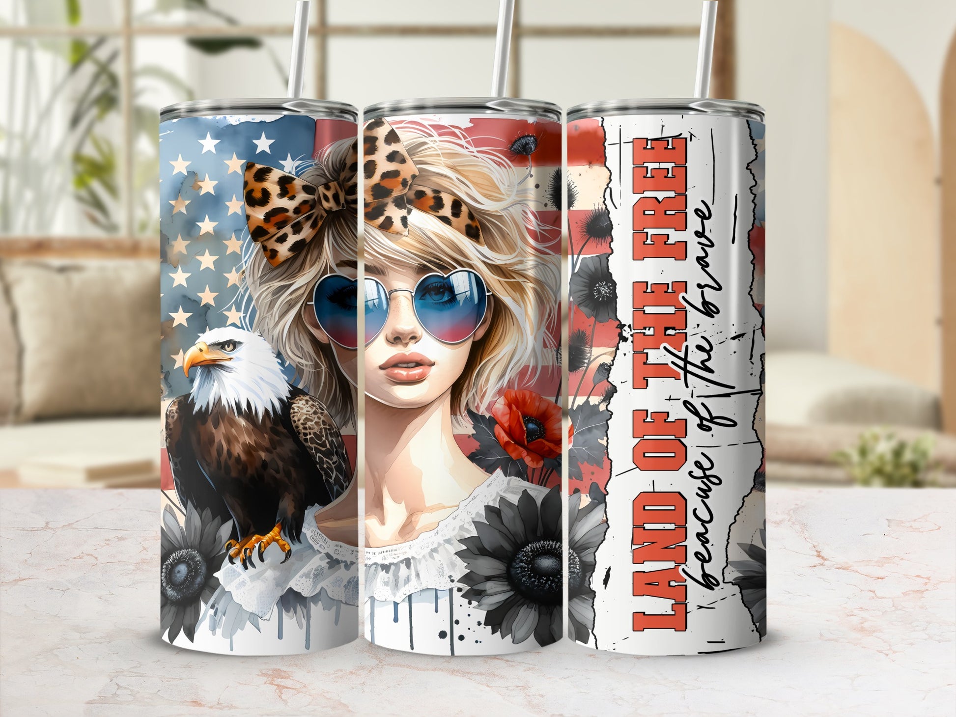 Woman with American flag, eagle, and flowers, "Land of the Free" text.