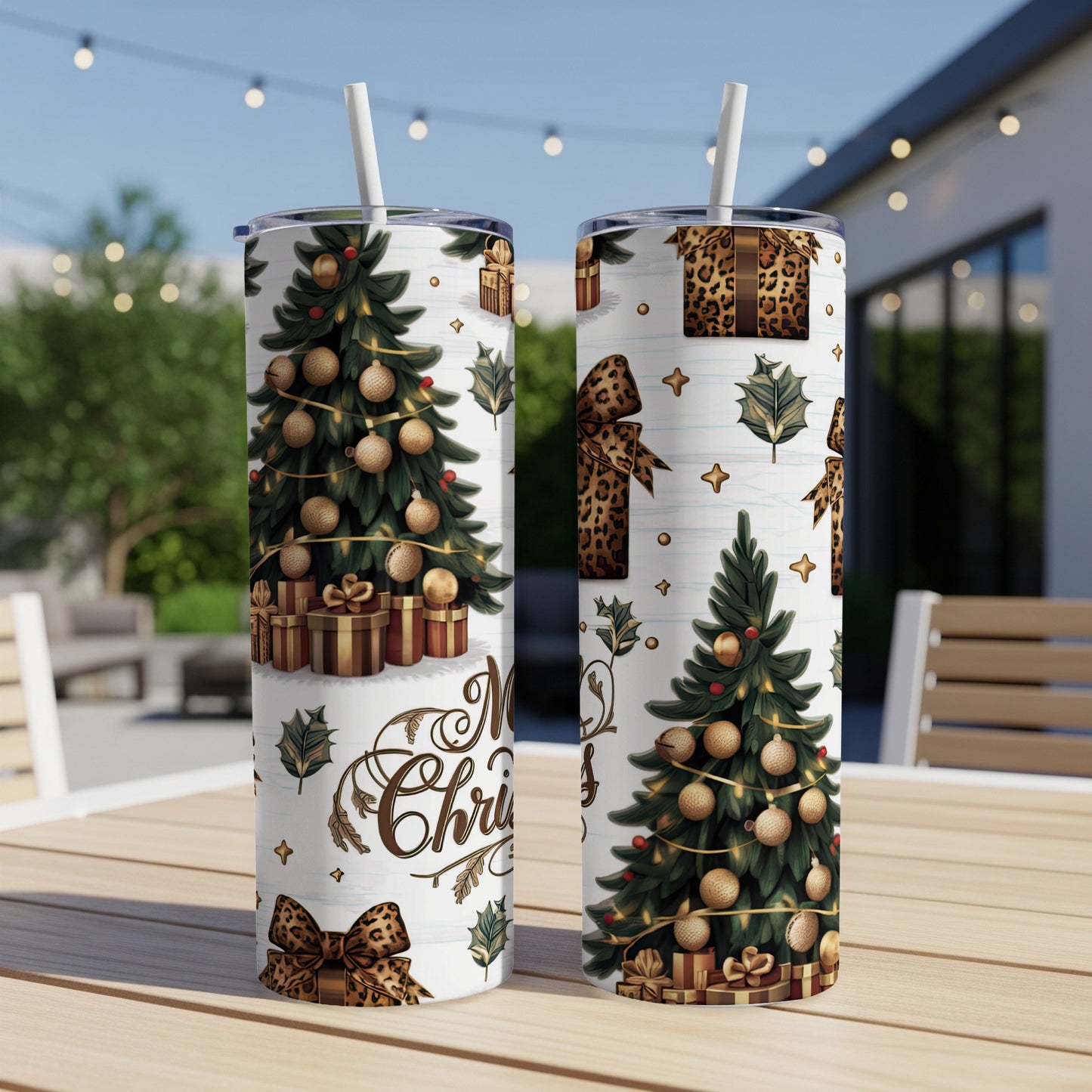 Christmas tree with gifts and leopard print accents on tumblers.