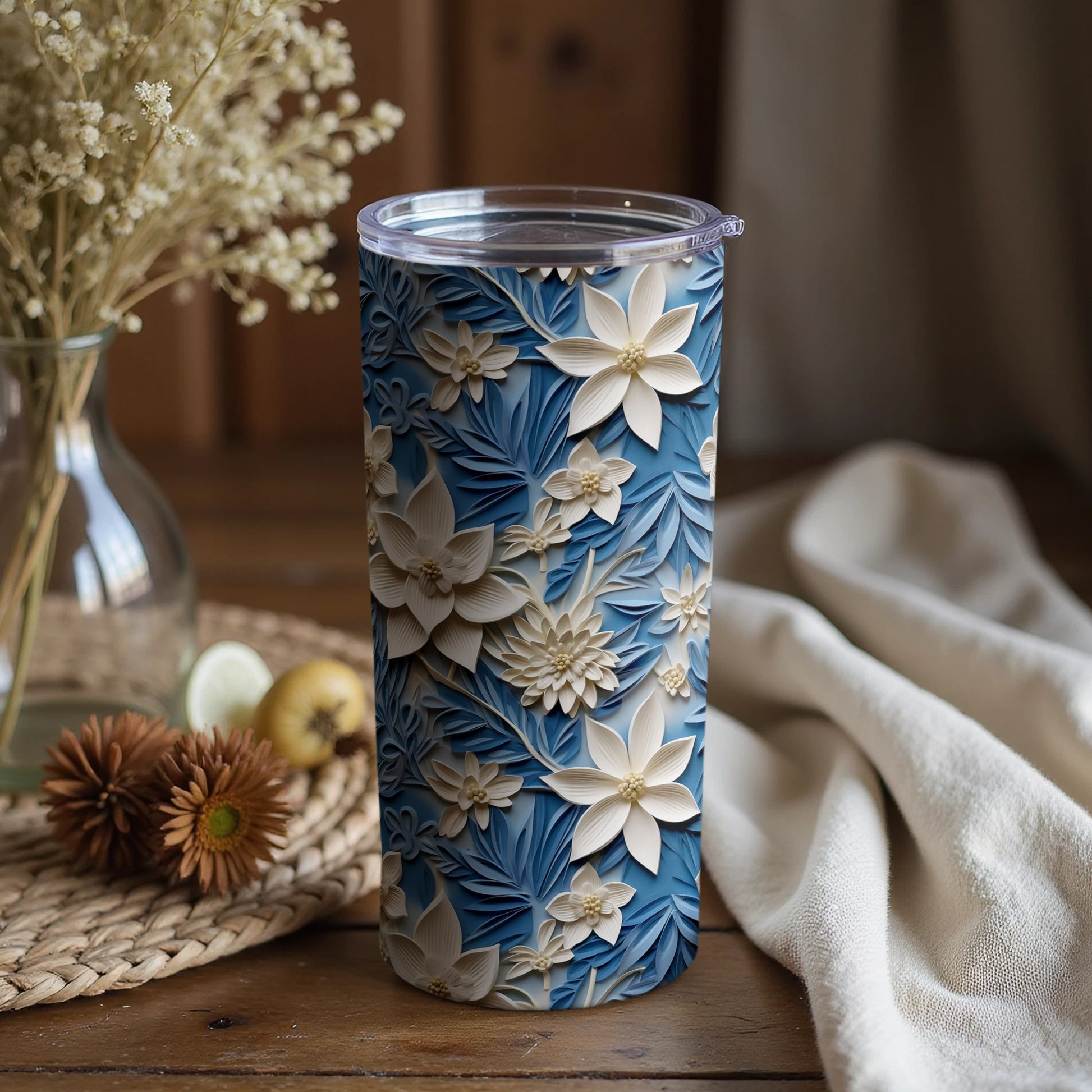 Elegant Blue White Floral Pattern Insulated Drinkware