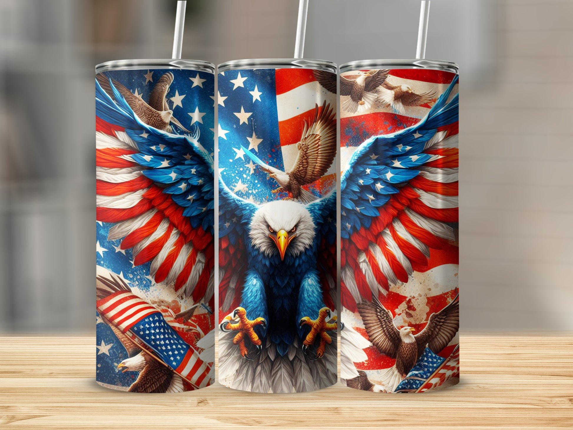 Patriotic tumbler with bald eagle, American flag, and stars design.