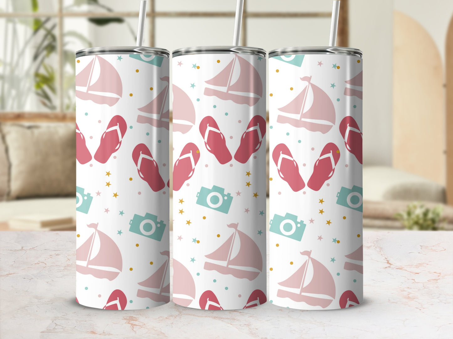 White tumbler with sailboat, flip-flop, and camera pattern.