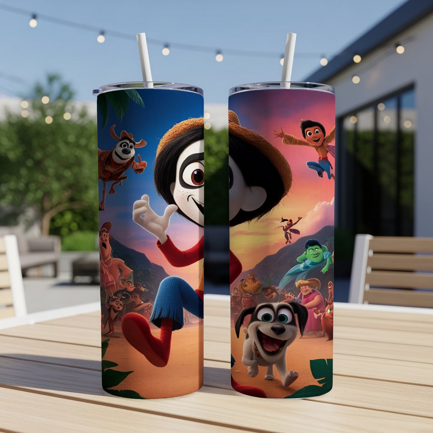 Animated characters on colorful tumblers featuring a dog, monkeys, and a boy.