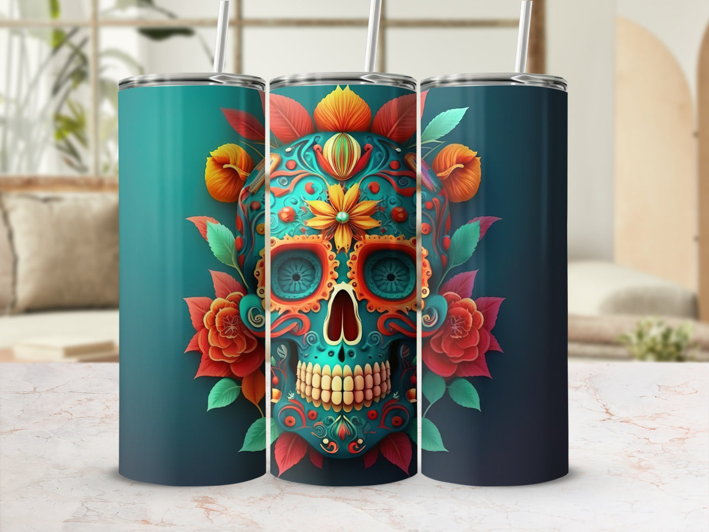 Colorful Sugar Skull Tumbler with Floral Design