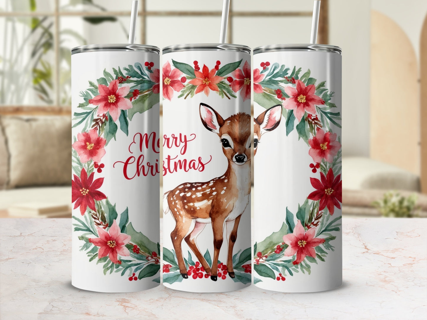 Tumbler with deer and poinsettia wreath, "Merry Christmas" text.