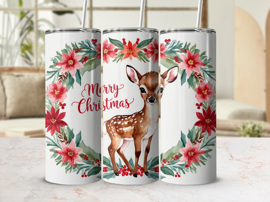 Tumbler with deer and poinsettia wreath, "Merry Christmas" text.
