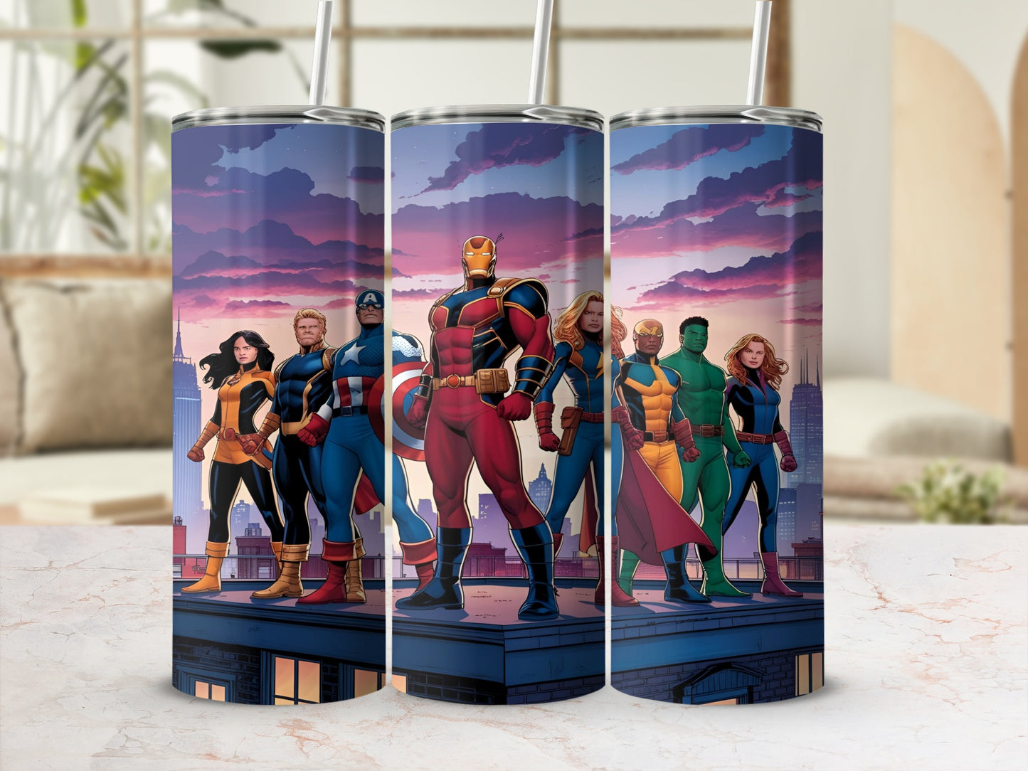 Superhero team standing on a rooftop at dusk.