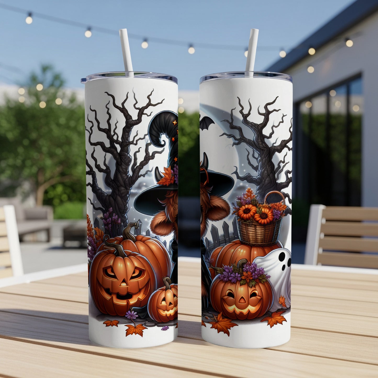 Two Halloween-themed tumblers with pumpkins, ghosts, and witch hats.