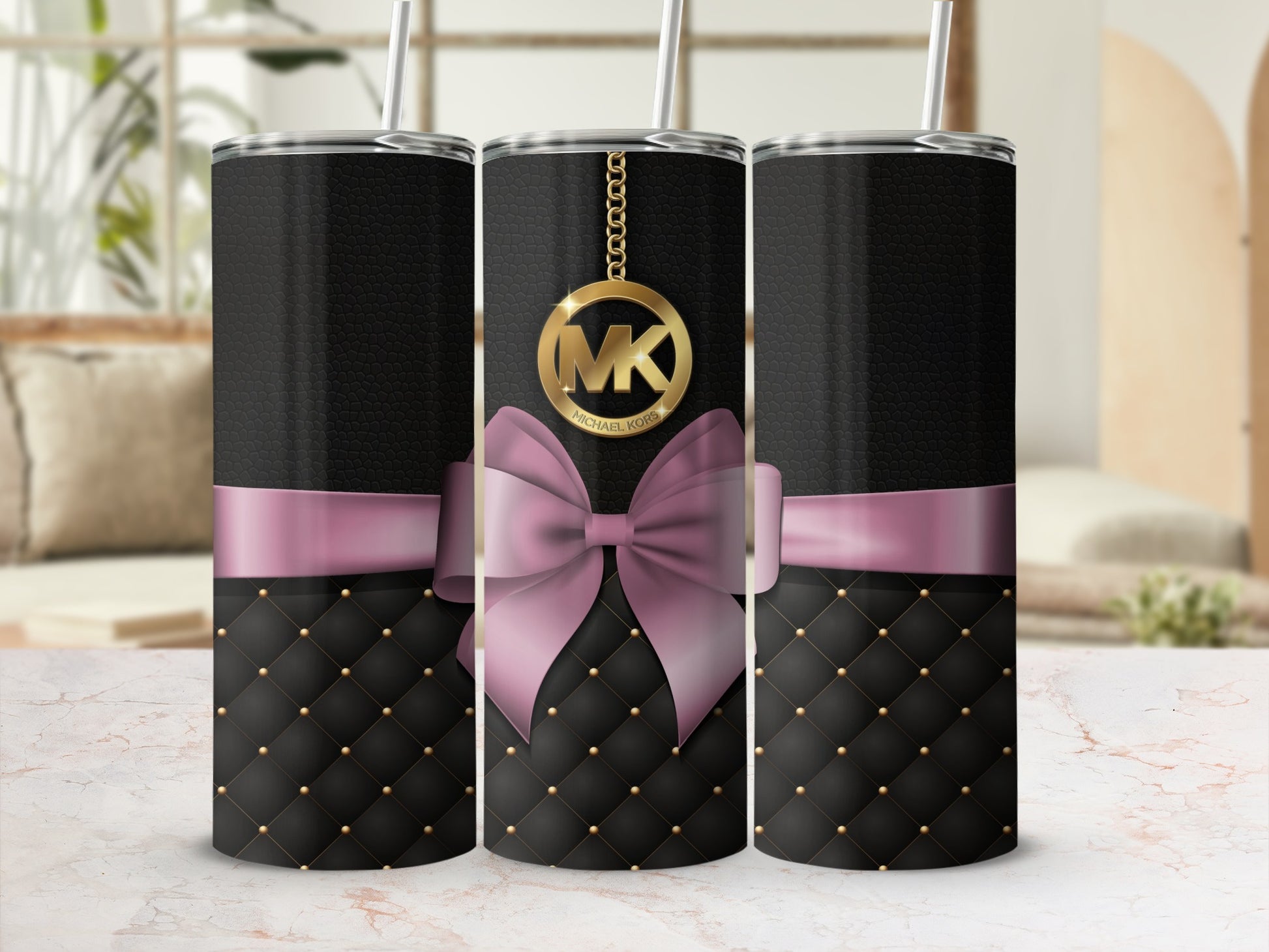 Elegant Black and Pink Tumbler with Gold Accent Design
