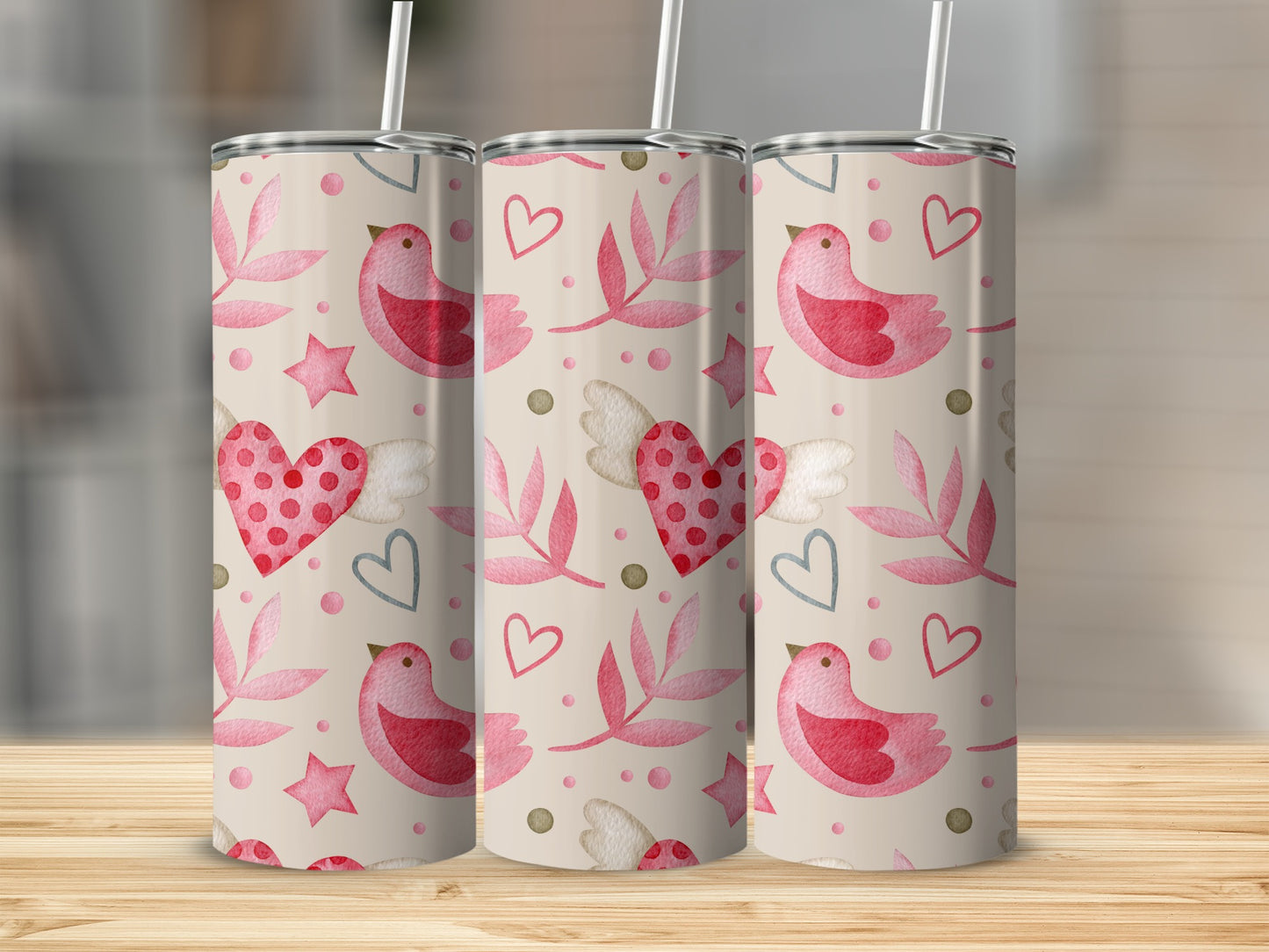 Adorable Birds Pink Hearts and Stars Themed Tumbler