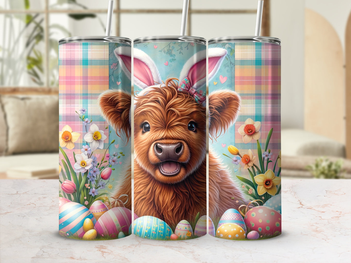 Cow wearing bunny ears with Easter eggs and flowers on a tumbler.