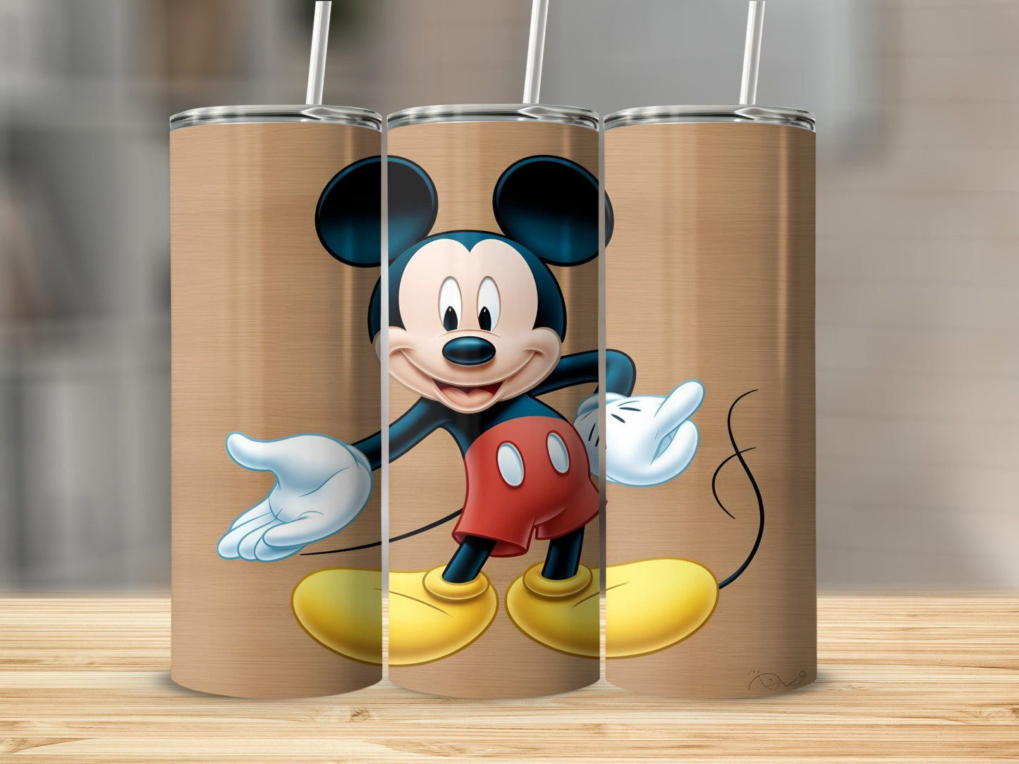 Mickey Mouse character illustration on a wood grain tumbler design.