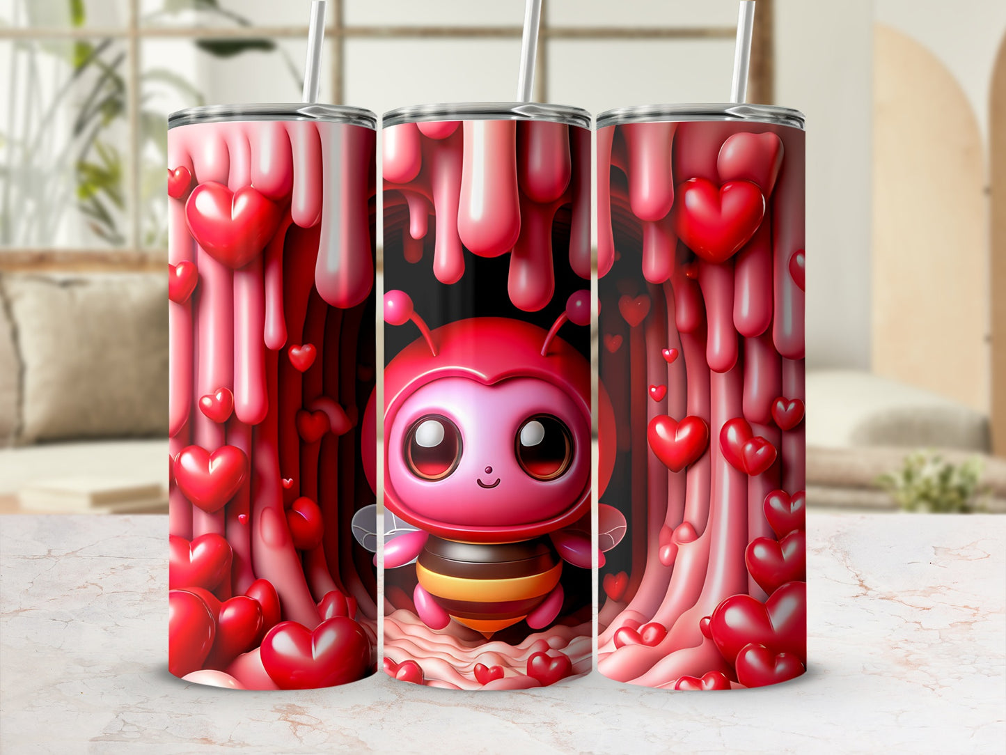 Cute Bee and Hearts Tumbler with Straw Valentine's Gift