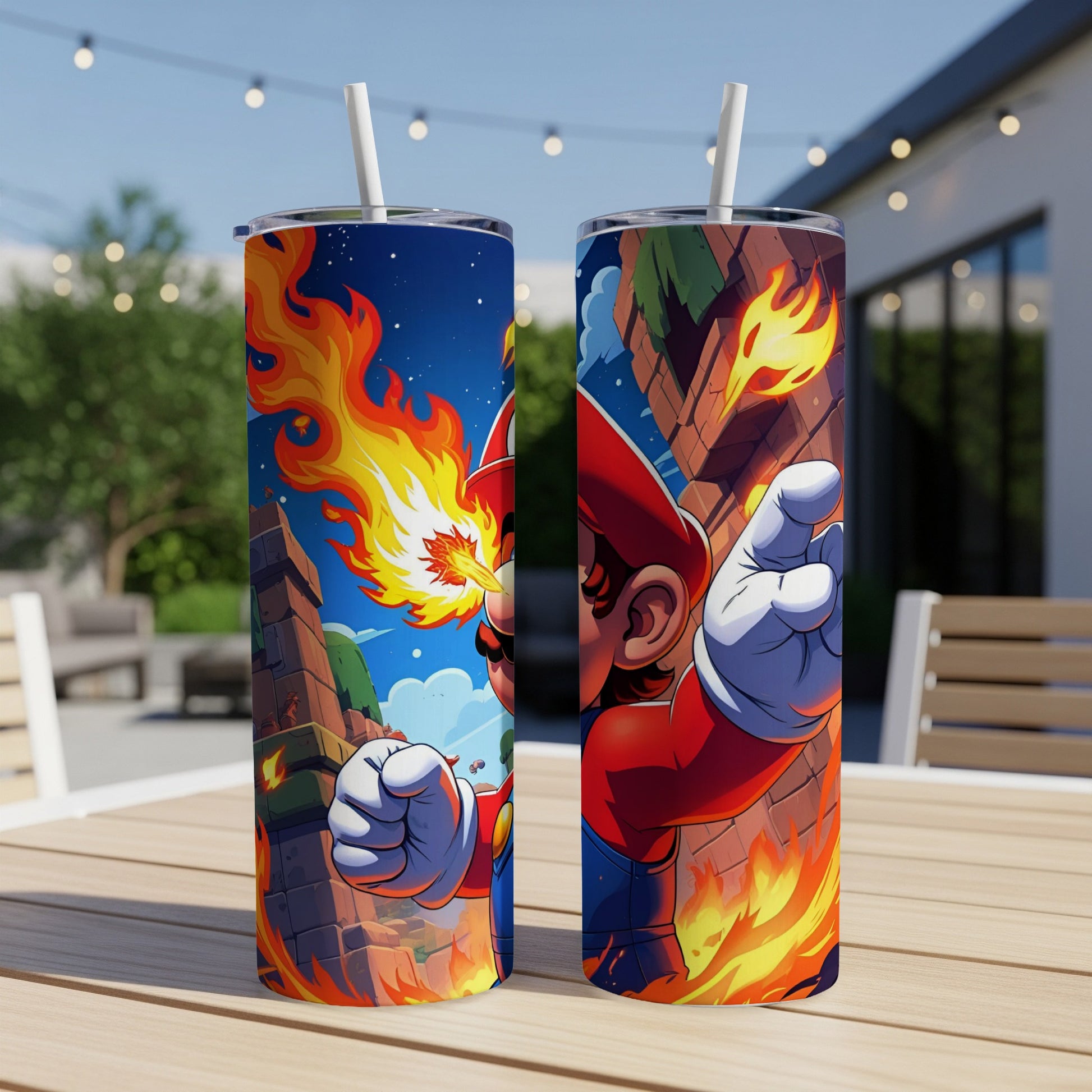 Mario character with flames and bricks on a tumbler.