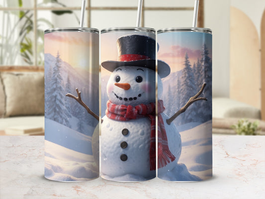 Snowman in winter landscape with red scarf and top hat.