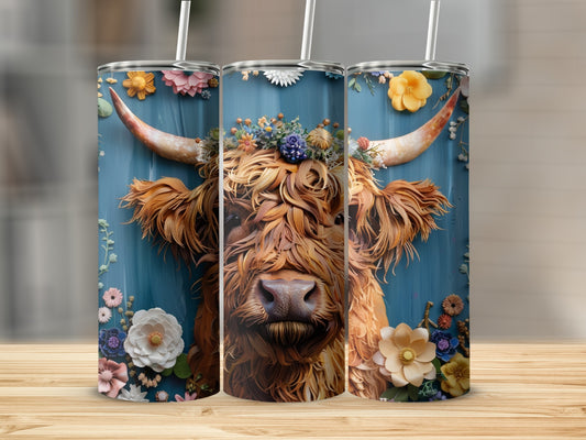 Highland cow with floral crown on textured blue background.