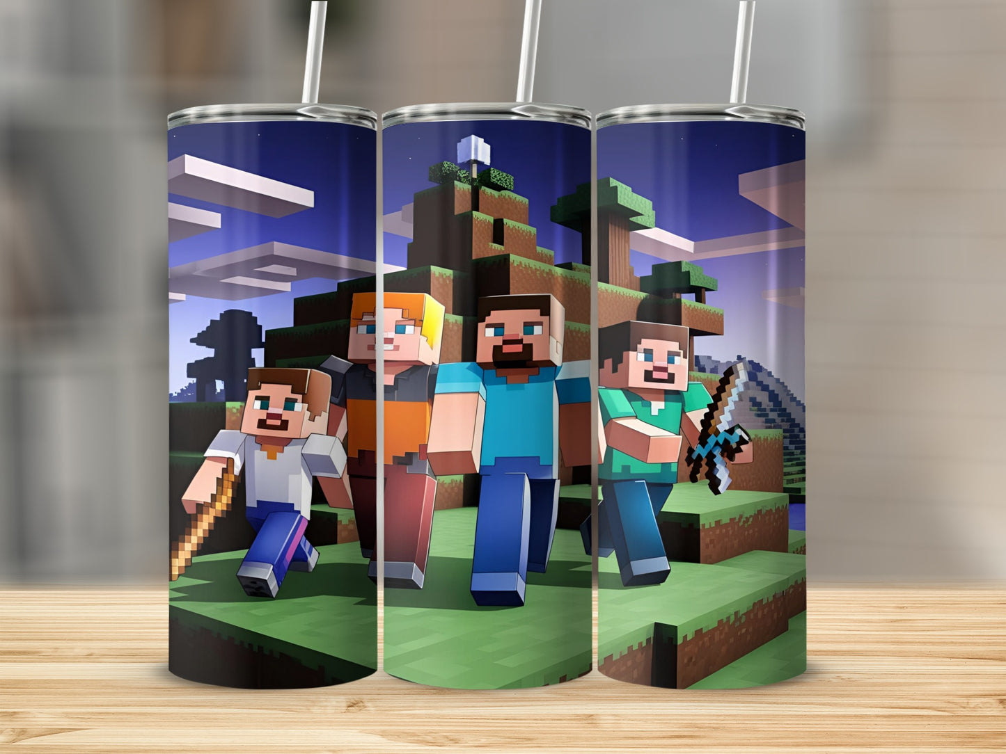 Four Minecraft characters stand in a pixelated landscape with tools.