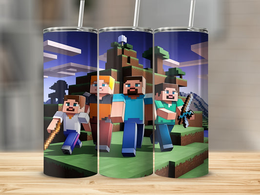 Four Minecraft characters stand in a pixelated landscape with tools.