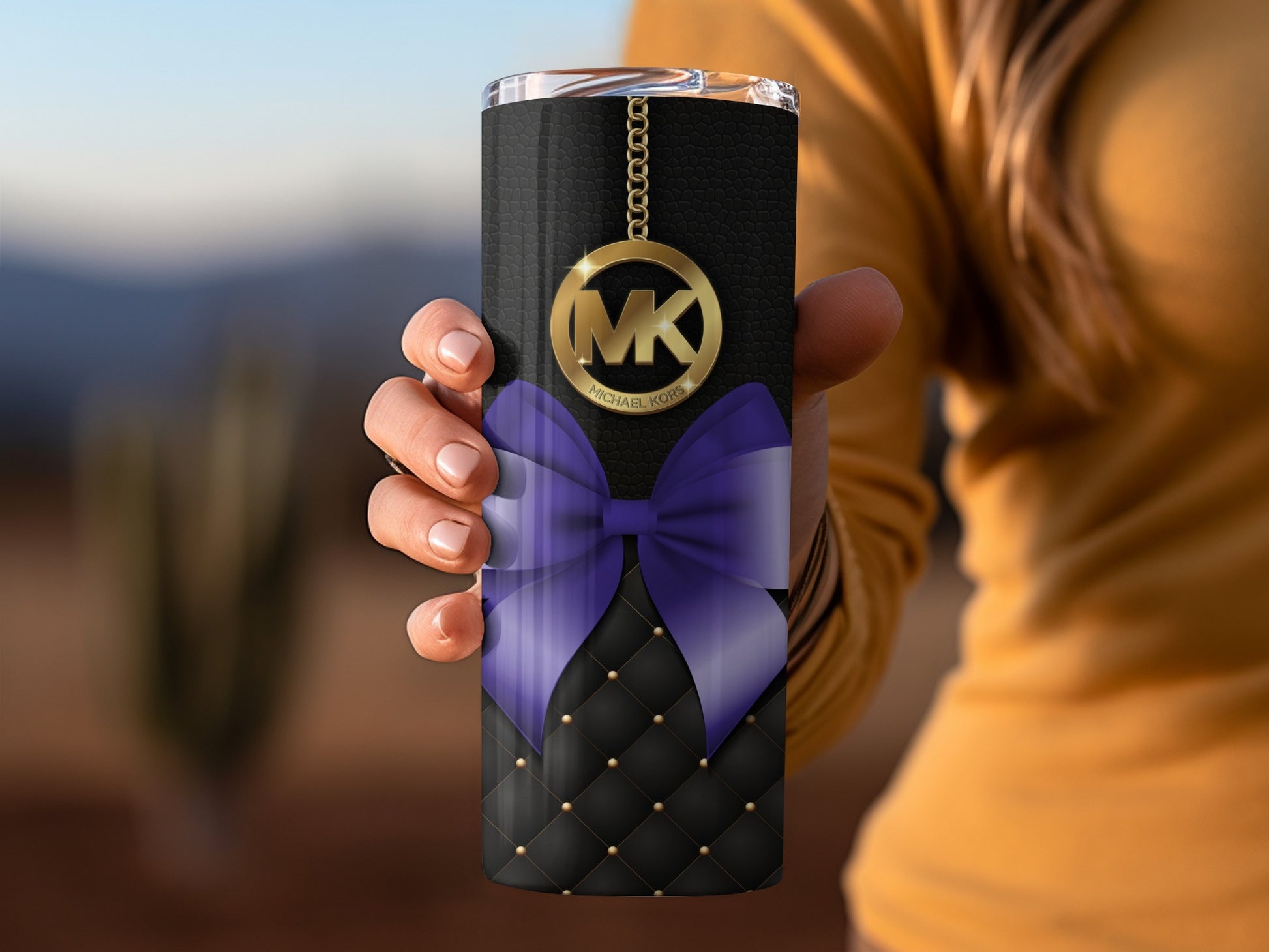 Elegant Black and Purple Tumbler with Gold Logo