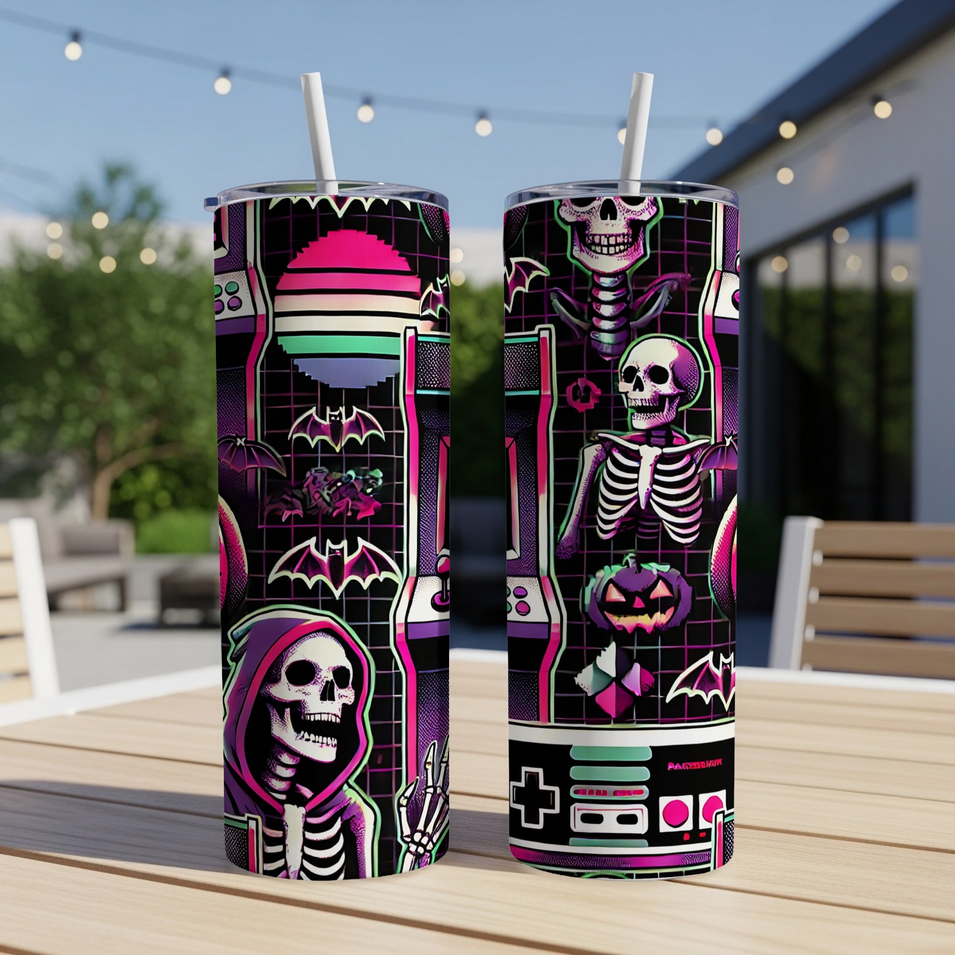 Skeleton wearing a hoodie with bats and a video game controller.
