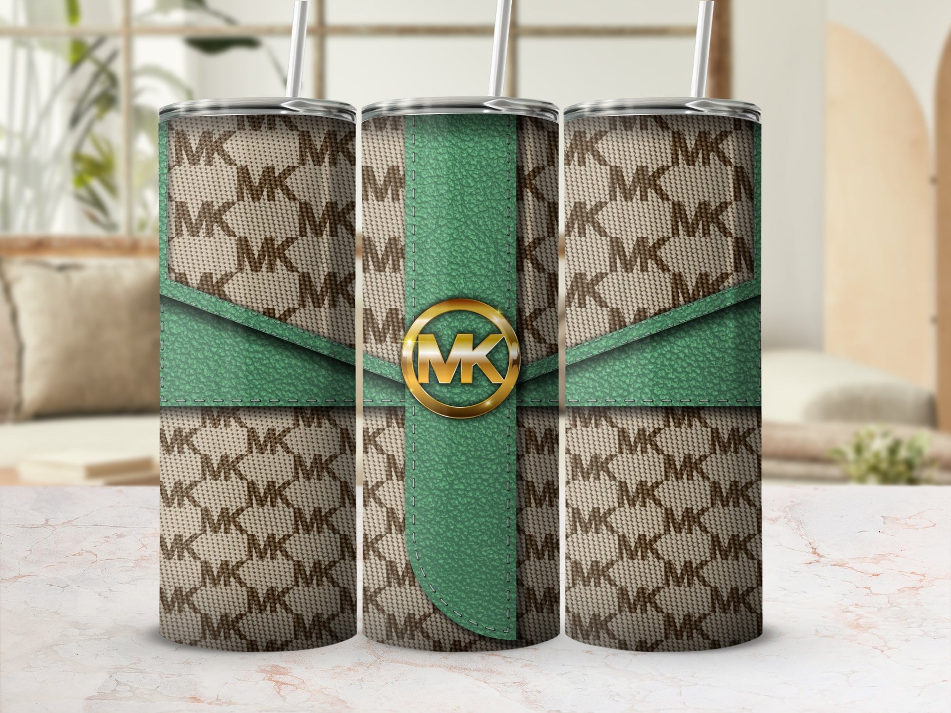 Stylish Branded Patterned Tumbler with Green Accent