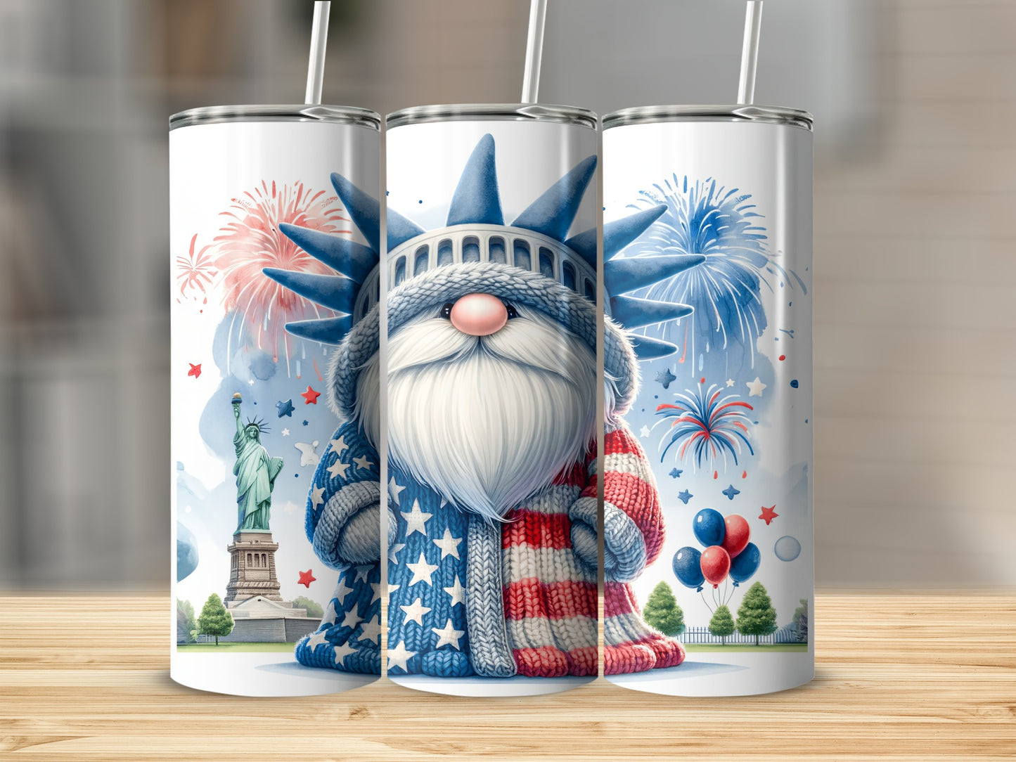 Gnome dressed as Statue of Liberty with fireworks and balloons.